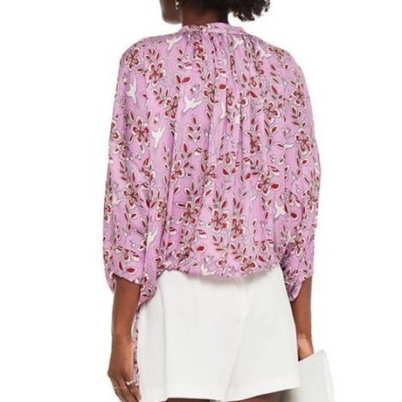 Rhode Helene Crepe De Chine Gathered Bird Print Peasant Blouse S - Picture 4 of 10